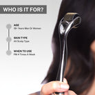 Close-up of a 1.0mm derma roller held near hair with text explaining suitability for men and women aged 18+ with all scalp types and recommended use four times a week at night.