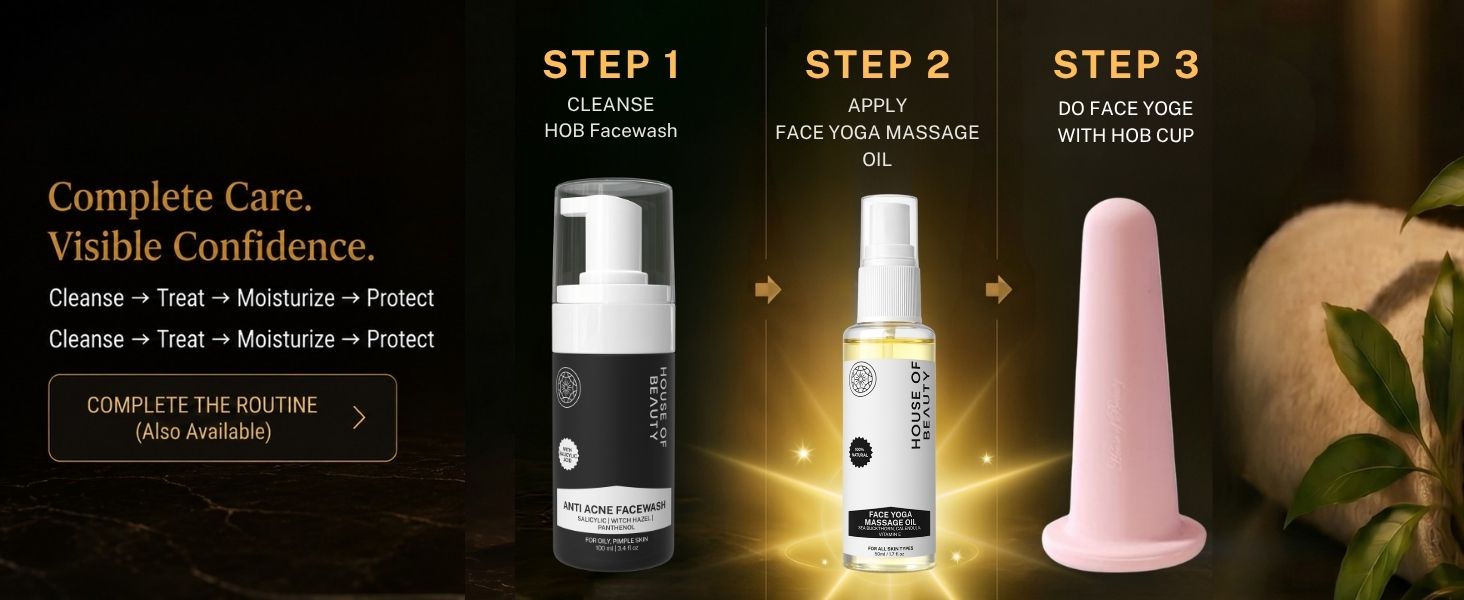 Cosmetic product set with step-by-step instructions on a dark background
