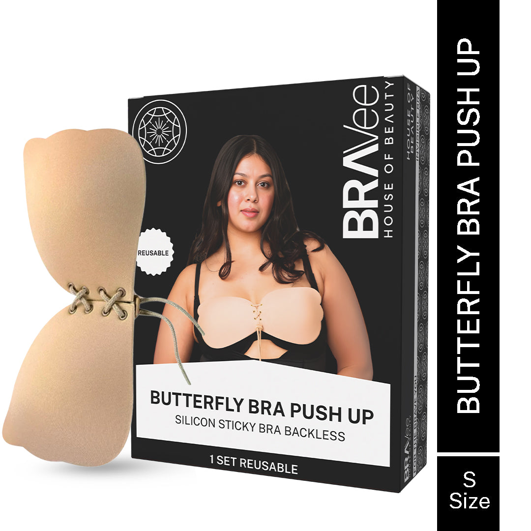A product shot for the "BUTTERFLY BRA PUSH UP" from BRAVEE HOUSE OF BEAUTY. The bra is a "SILICON STICKY BRA BACKLESS". The box shows a model wearing the product, and a pair of the reusable, lace-up, beige butterfly bra is displayed next to the packaging. The image specifies "S Size".
