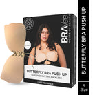 A product shot for the "BUTTERFLY BRA PUSH UP" from BRAVEE HOUSE OF BEAUTY. The bra is a "SILICON STICKY BRA BACKLESS". The box shows a model wearing the product, and a pair of the reusable, lace-up, beige butterfly bra is displayed next to the packaging. The image specifies "S Size".