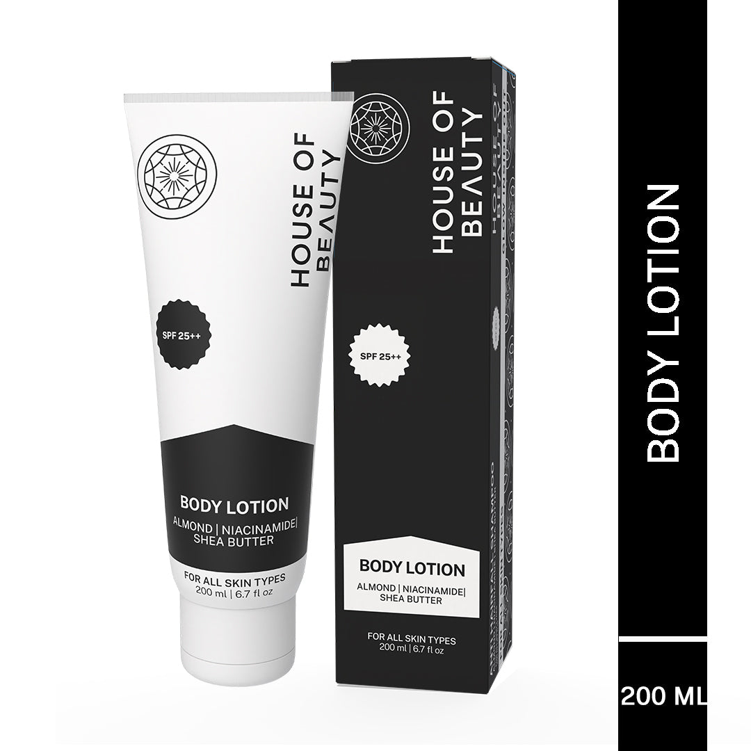 “House of Beauty Body Lotion tube placed beside its black product box, labeled Body Lotion with almond, niacinamide, and shea butter, 200 ml.”