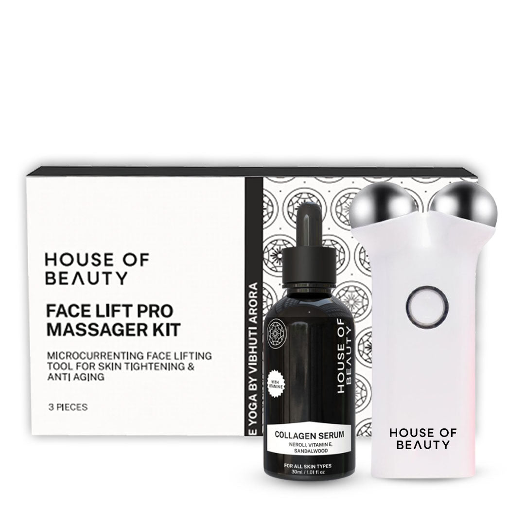 "House of Beauty Face Lift Pro Massager Kit with microcurrent face lifting tool and collagen serum. The product packaging, serum bottle, and massager device are displayed together for skin tightening and anti-aging.