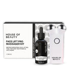 "House of Beauty Face Lift Pro Massager Kit with microcurrent face lifting tool and collagen serum. The product packaging, serum bottle, and massager device are displayed together for skin tightening and anti-aging.
