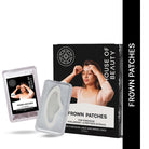 House of Beauty Frown Patches packaging and product displayed. A woman is shown applying a patch to her forehead. The set includes the main box, a sachet, and the patch tray, highlighting the anti-aging skincare product for forehead and brow lines.