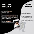 Step-by-step guide showing how to use Frown Patches: Step 1 – Hydrate with HOB Facewash, Step 2 – Peel off and paste the patch on the forehead, Step 3 – Remove and apply hyaluronic serum. Product image is displayed alongside the routine steps.