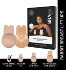BRAVee House of Beauty Rabbit Breast Lift Ups sizing guide. Shows the product box and a pair of the lifts, with four sizes displayed at the bottom: Cups-Small (A & B), Medium (C), Large (D & DD+), and Extra Large (D & DDD+). The Cups-Small (A & B) size has a checkmark, indicating it is the featured size.