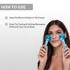 Woman using House of Beauty Blue Ice Globes demonstrating how to freeze the globes and enjoy cooling calming massage effects on face and body

