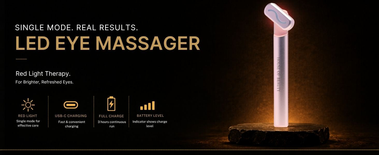 House of Beauty LED Eye Massager with Red Light Therapy for reducing under-eye puffiness, dark circles, and tired-looking eyes. Rechargeable eye care device with USB-C charging.