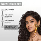 Skincare routine builder showing HOB 3D Face Massager as Step 4 Sculpt and Lift after HOB Toner, Bright Skin Serum and Face Oil