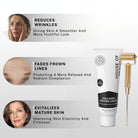 House of Beauty Collagen Peptide Cream with Bakuchiol and Avocado, designed to reduce wrinkles, fade frown lines, and revitalize mature skin. It promotes smoother, more youthful skin, improves elasticity and firmness, and provides a more relaxed, radiant complexion. The product comes with a gold roller applicator for enhanced skin benefits.