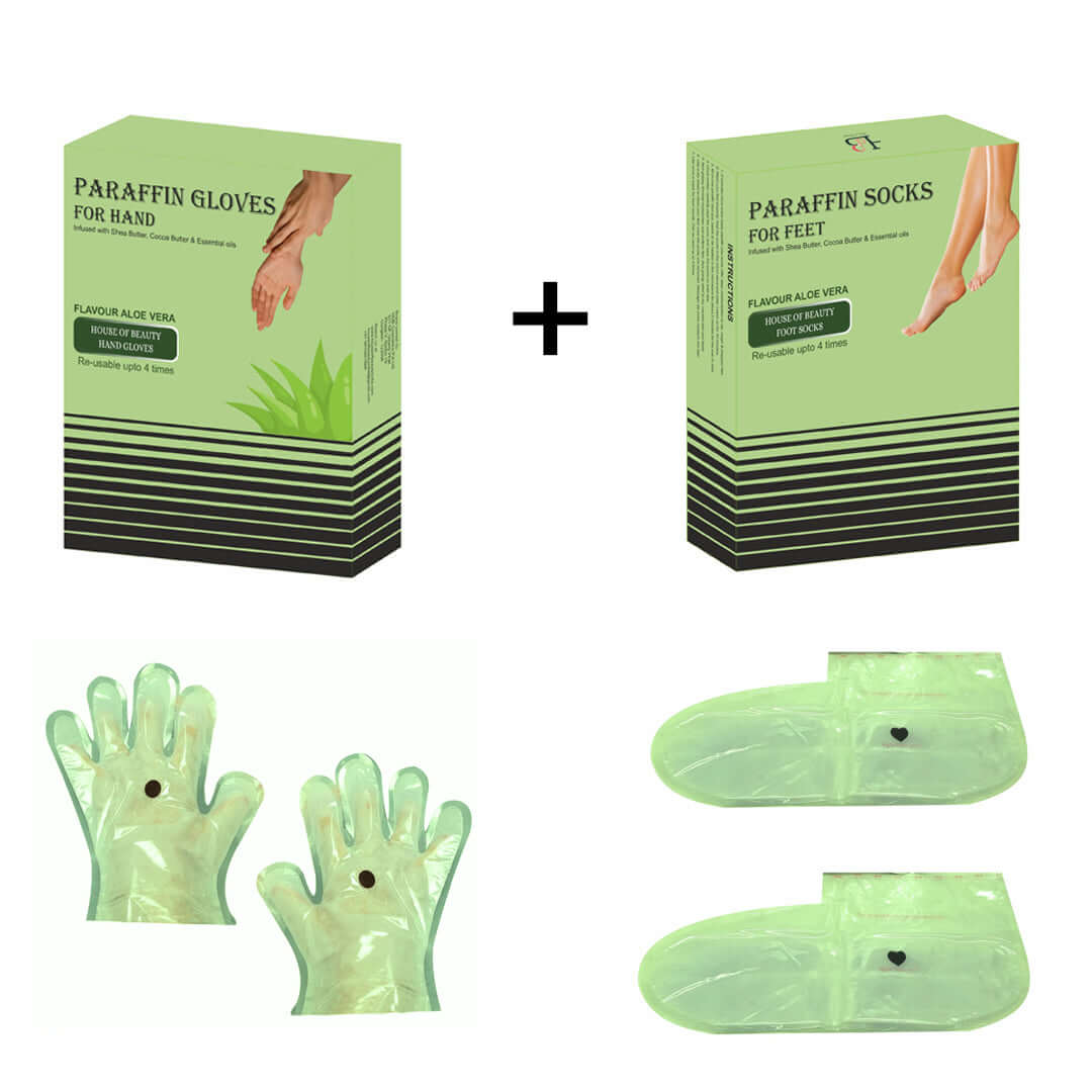 House Of Beauty India Skin Care Aloe Vera Paraffin Hand Gloves & Foot Socks Combo (2 pairs) Face Yoga gym Vibhuti Arora facegym Jade roller Guasha skingym Guasha Teacher Training Learn Yoga certified FaceTools Make up Anti ageing Aloe Vera Paraffin Hand Gloves & Foot Socks Combo (2 pairs)