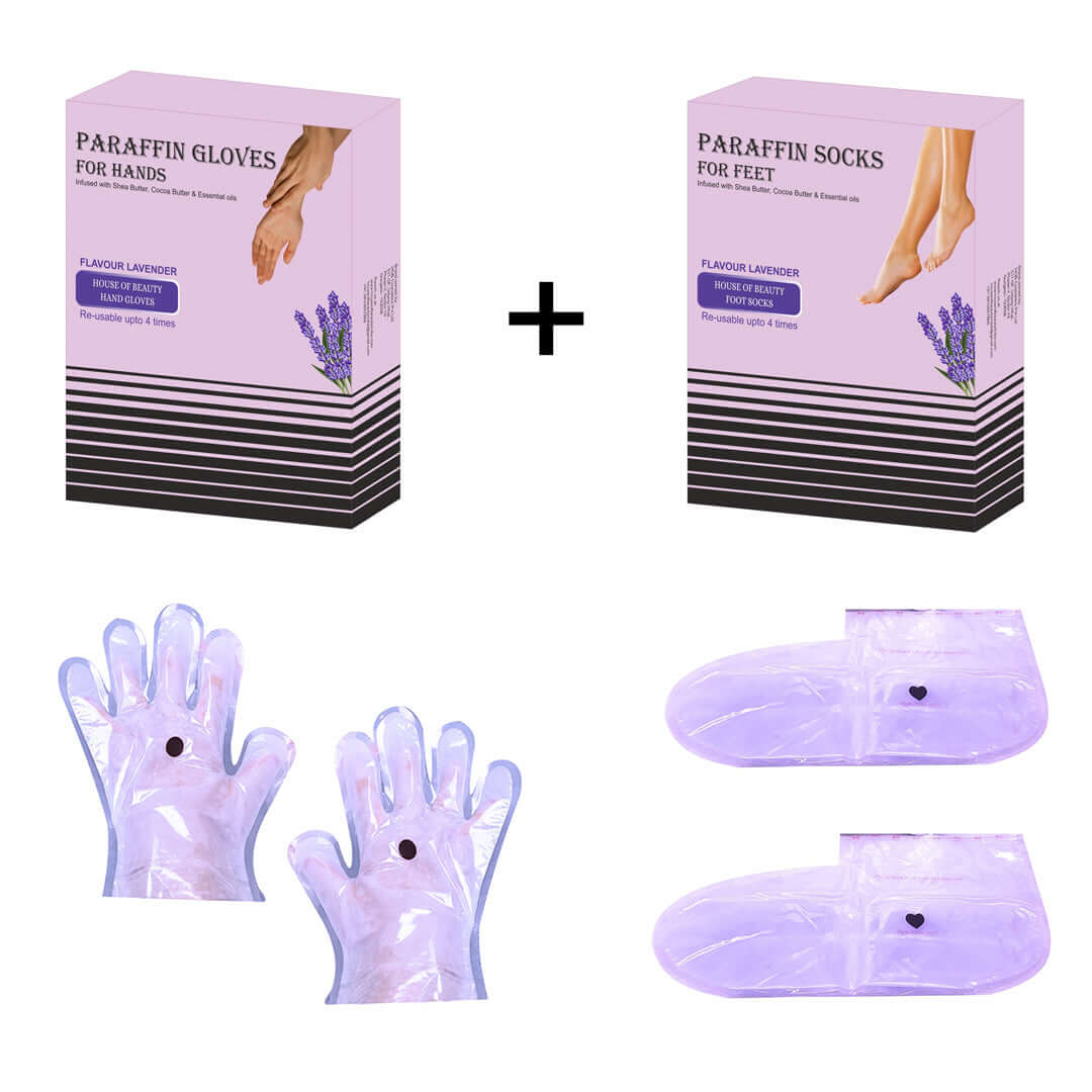 House Of Beauty India Skin Care Lavender Paraffin Hand Gloves & Foot Socks Combo (2 pairs) Face Yoga gym Vibhuti Arora facegym Jade roller Guasha skingym Guasha Teacher Training Learn Yoga certified FaceTools Make up Anti ageing Lavender Paraffin Hand Gloves & Foot Socks Combo (2 pairs)