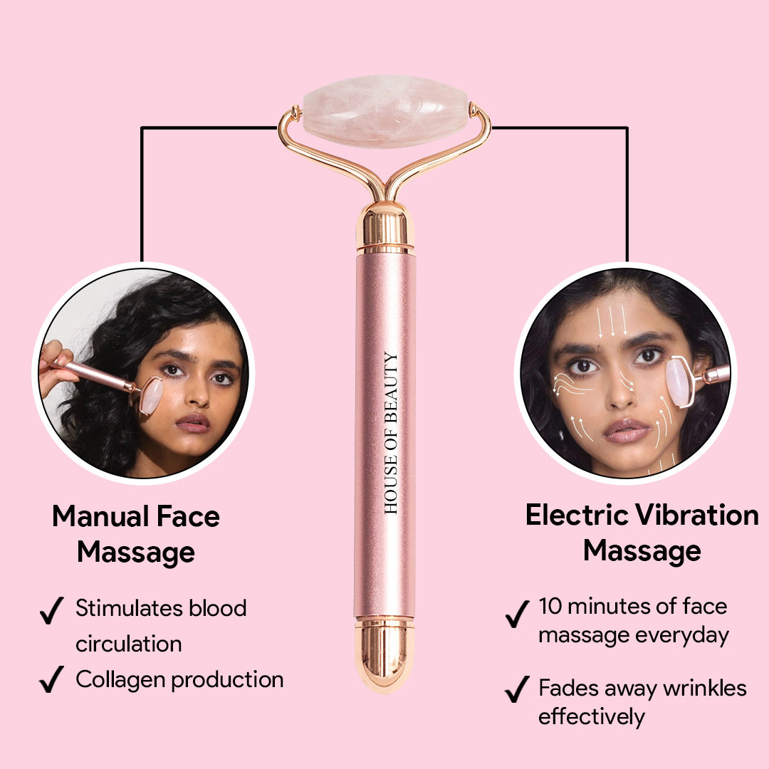 House Of Beauty India Face Tools Electric Rose Quartz Kit (3 pieces) Face Yoga gym Vibhuti Arora facegym Jade roller Guasha skingym Guasha Teacher Training Learn Yoga certified FaceTools Make up Anti ageing Electric Rose Quartz Kit (3 pieces)