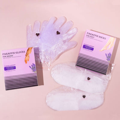 House Of Beauty India Skin Care Lavender Paraffin Hand Gloves & Foot Socks Combo (2 pairs) Face Yoga gym Vibhuti Arora facegym Jade roller Guasha skingym Guasha Teacher Training Learn Yoga certified FaceTools Make up Anti ageing Lavender Paraffin Hand Gloves & Foot Socks Combo (2 pairs)